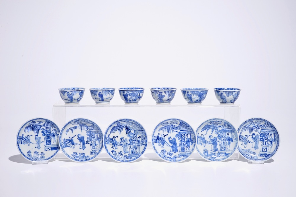 Six blue and white Chinese cups and saucers, Kangxi/Yongzheng