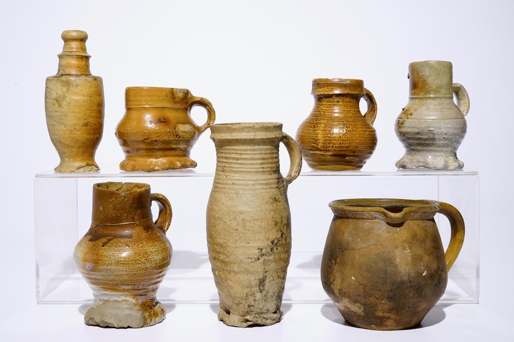 A collection of mostly German stoneware jugs, a.o. Raeren, 15/17th C.