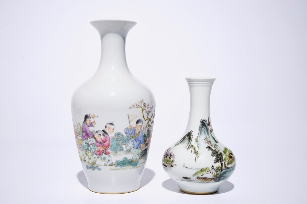 A Chinese famille rose vase with playing boys and a qianjiang cai landscape vase, 20th C