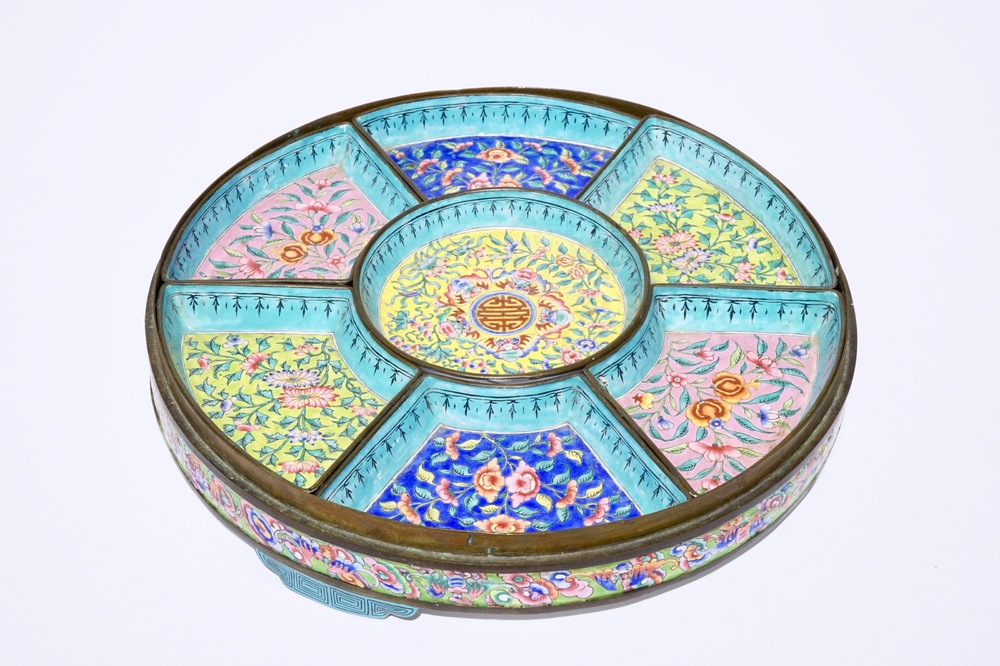 A Chinese Canton enamel sweetmeat set on tray, 19th C.