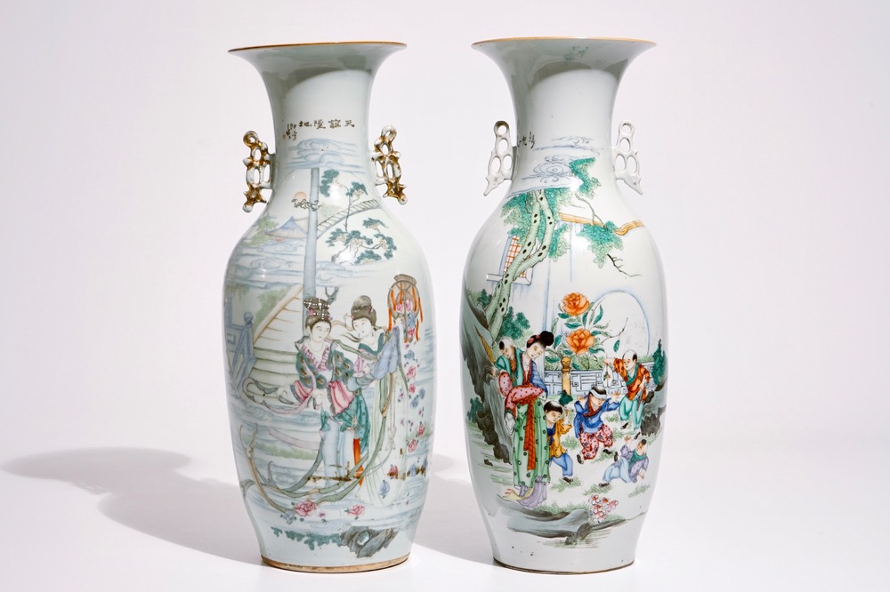 Two tall Chinese famille rose vases with calligraphy, 19/20th C.