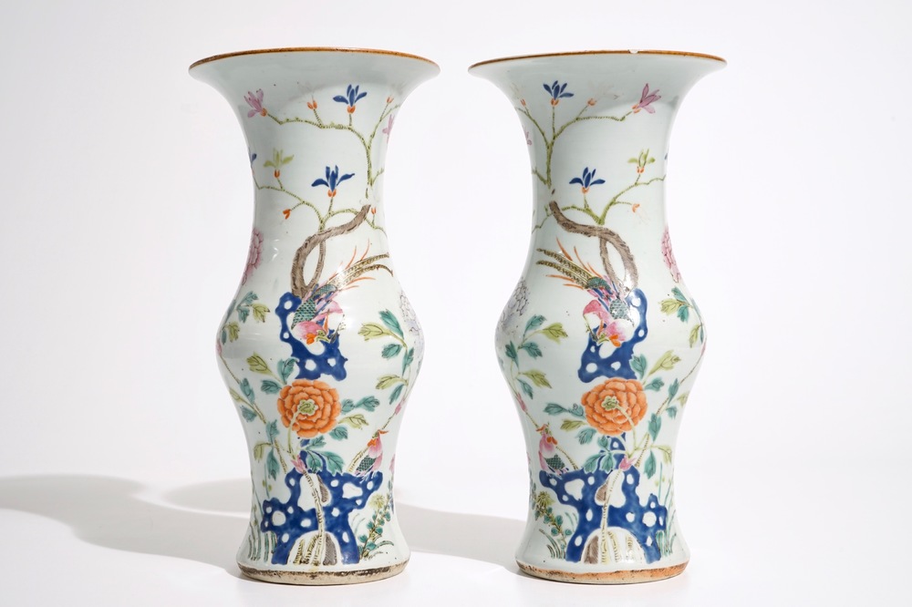 A pair of Chinese famille rose yenyen vases with pheasants, 19th C.