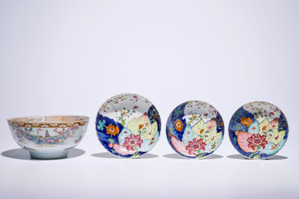 Three Chinese famille rose &ldquo;Tobacco Leaf&rdquo; saucer plates and a famille rose bowl, Yongzheng/Qianlong