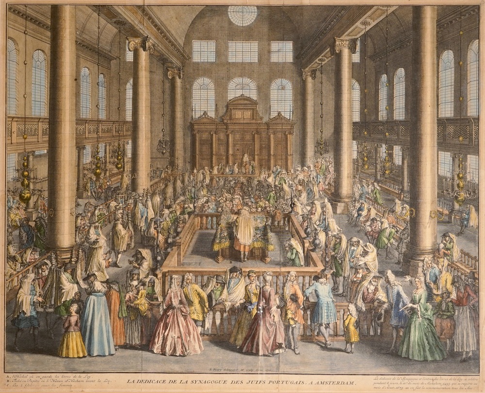 Bernard Picart, &quot;Inauguration of the Portuguese Synagogue in Amsterdam&quot;, hand-colored copper engraving, 1724-1737