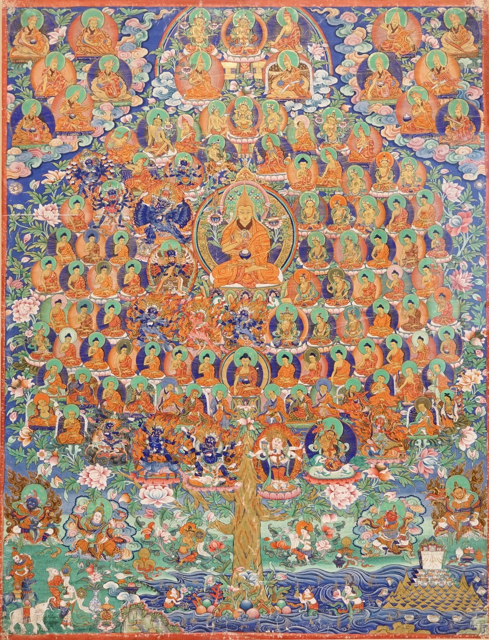 Un thangka d'un arbre g&eacute;n&eacute;alogique, Tibet ou N&eacute;pal, 19/20&egrave;me