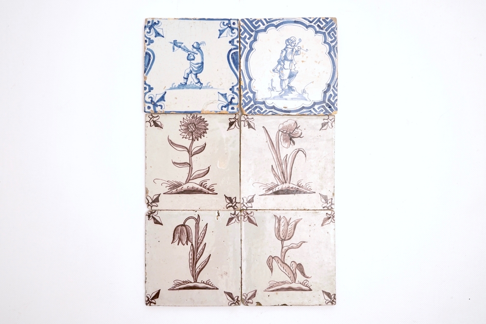 Two Dutch Delft blue and white tiles with a pipe smoker and an archer, 17th C., and four manganese flower tiles, 18th C.