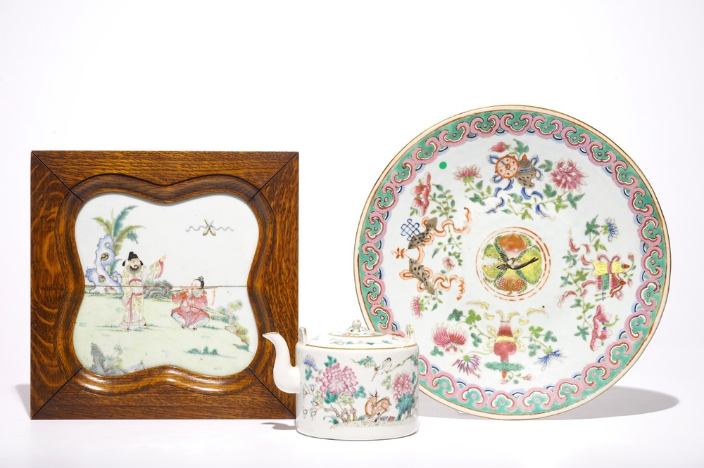 A Chinese famille rose plaque, a dish and a teapot and cover, 19th C.