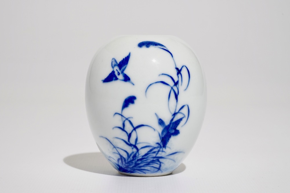 A Chinese blue and white scholar&rsquo;s vase with a great reed warbler among reed, signed Wang Bu (1898&ndash;1968)