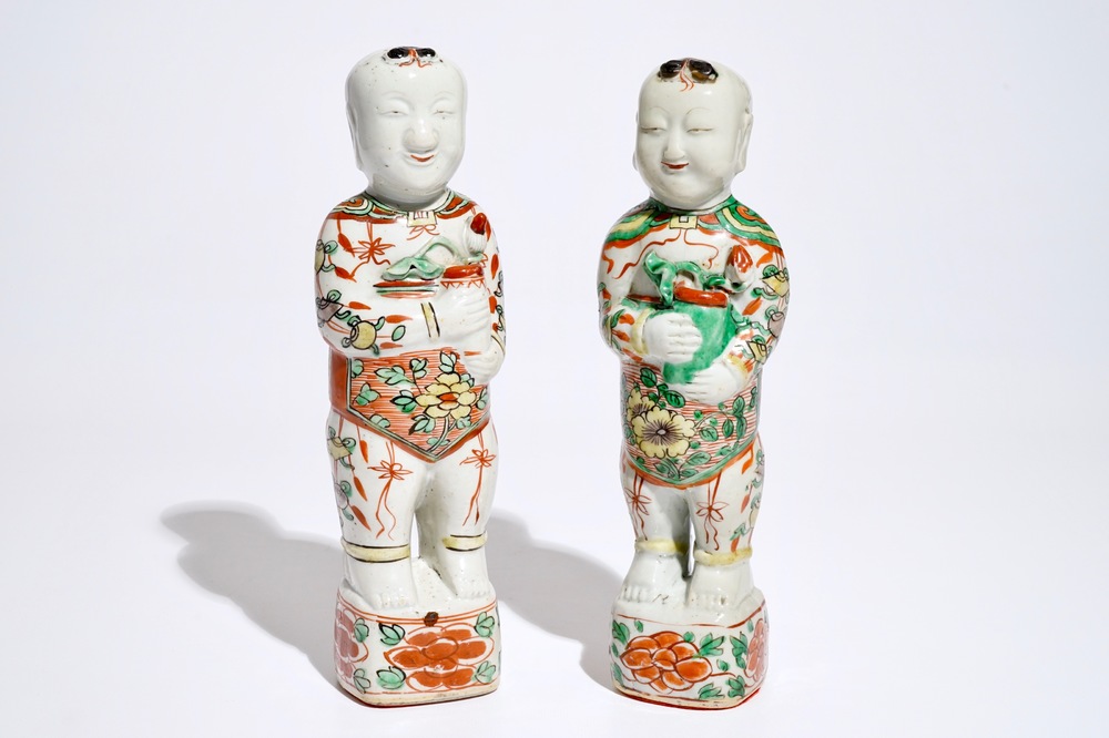 A pair of Chinese famille verte figures of Hehe Er Xian brothers, Kangxi