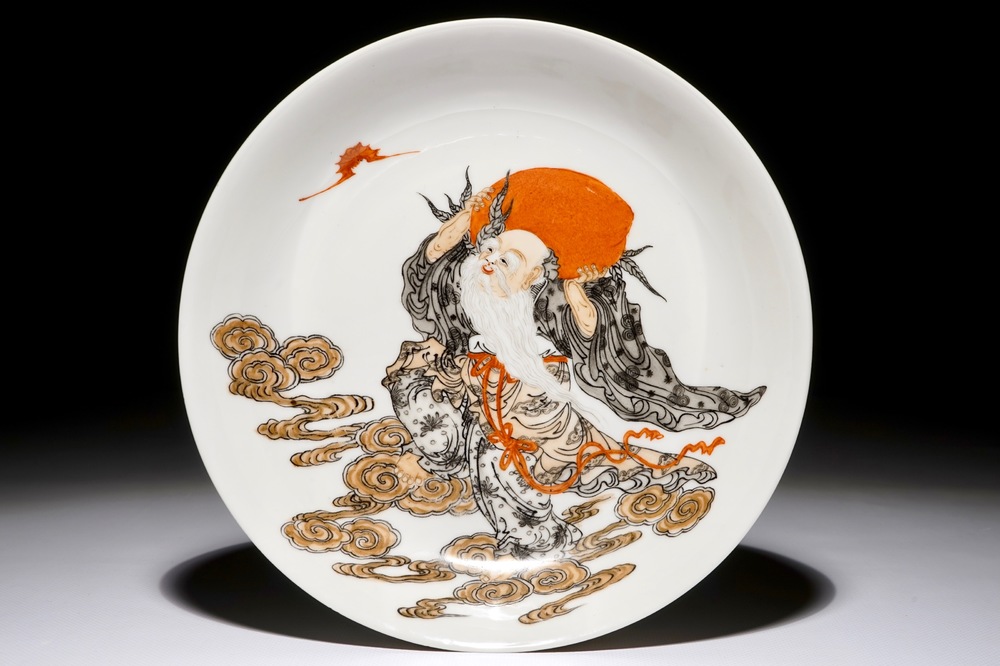 A Chinese polychrome plate with Shou Lao carrying a peach, Qianlong mark, Republic