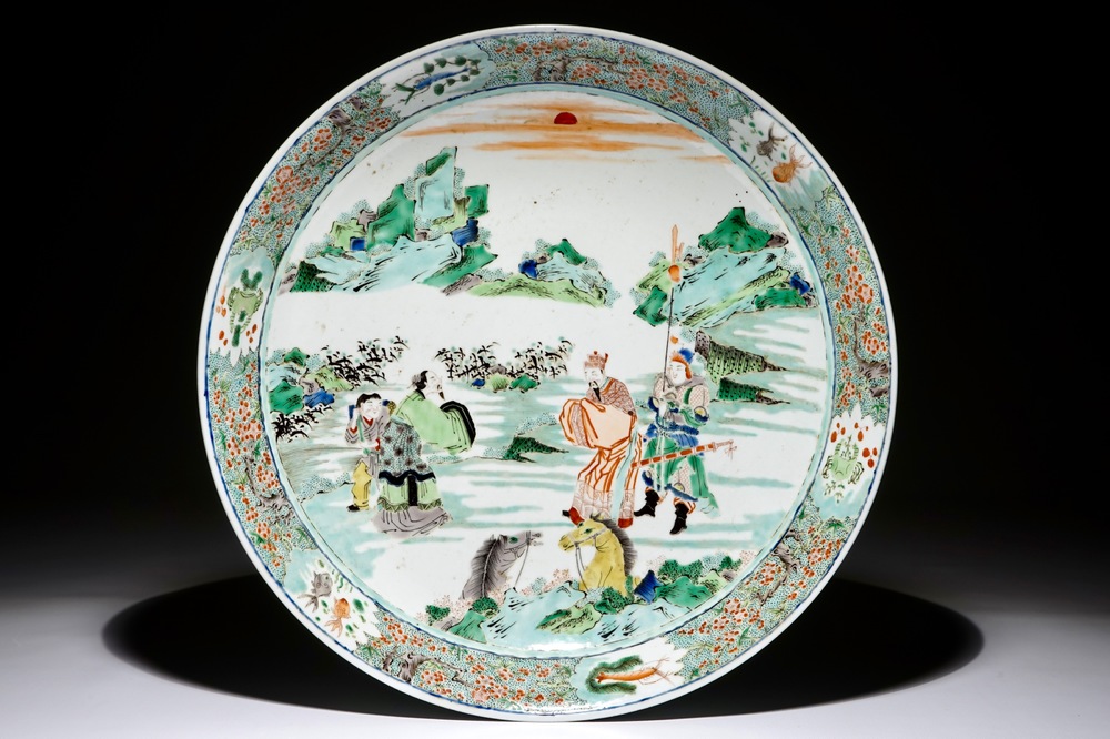 A large Chinese famille verte charger with figural landscape design, 19/20th C.