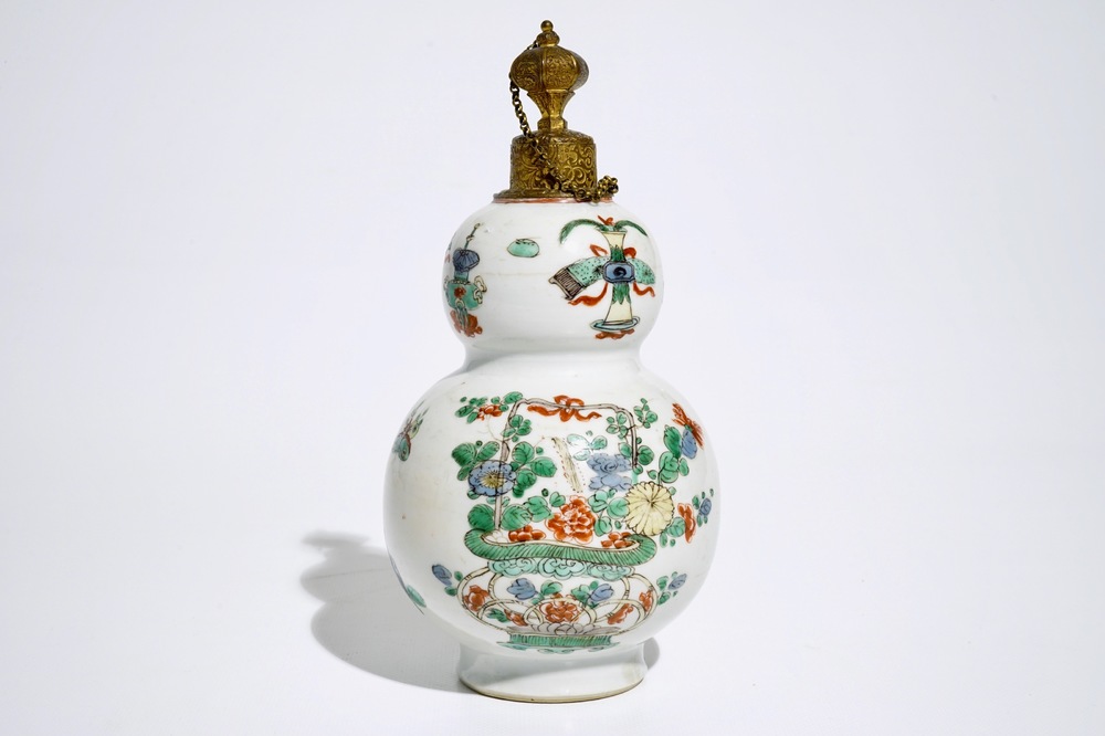 A Chinese famille verte gilt bronze-mounted double gourd vase, Kangxi