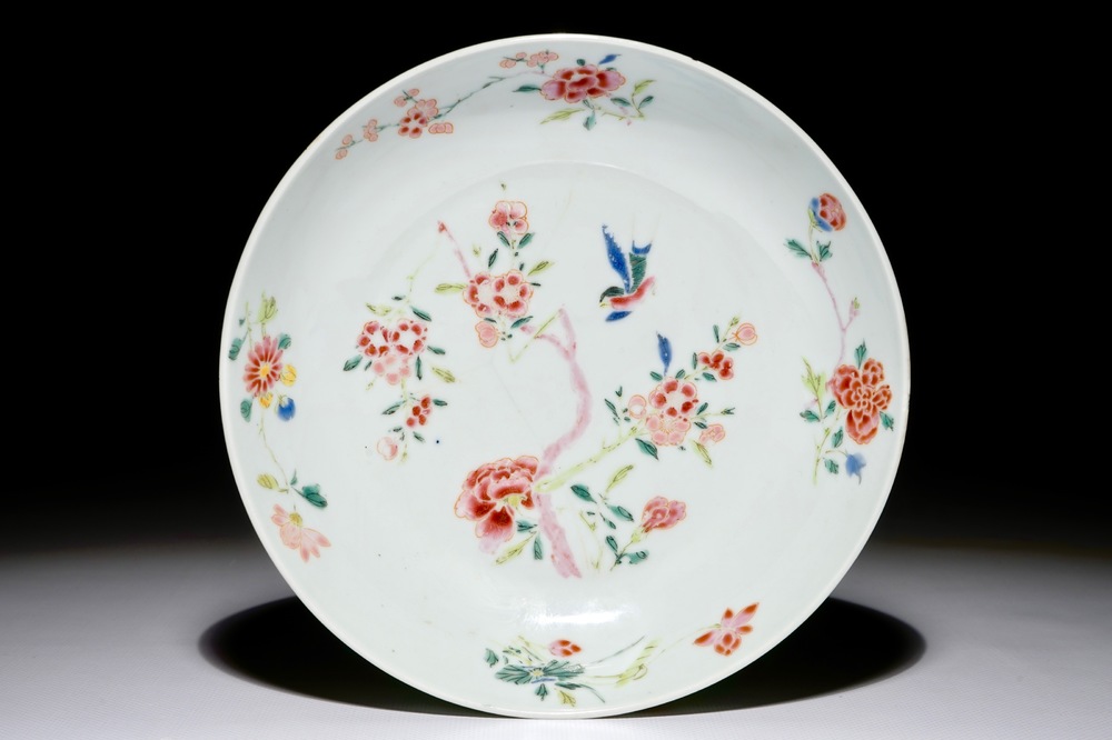 A Chinese famille rose plate with a bird and flowering branches, Yongzheng mark and period