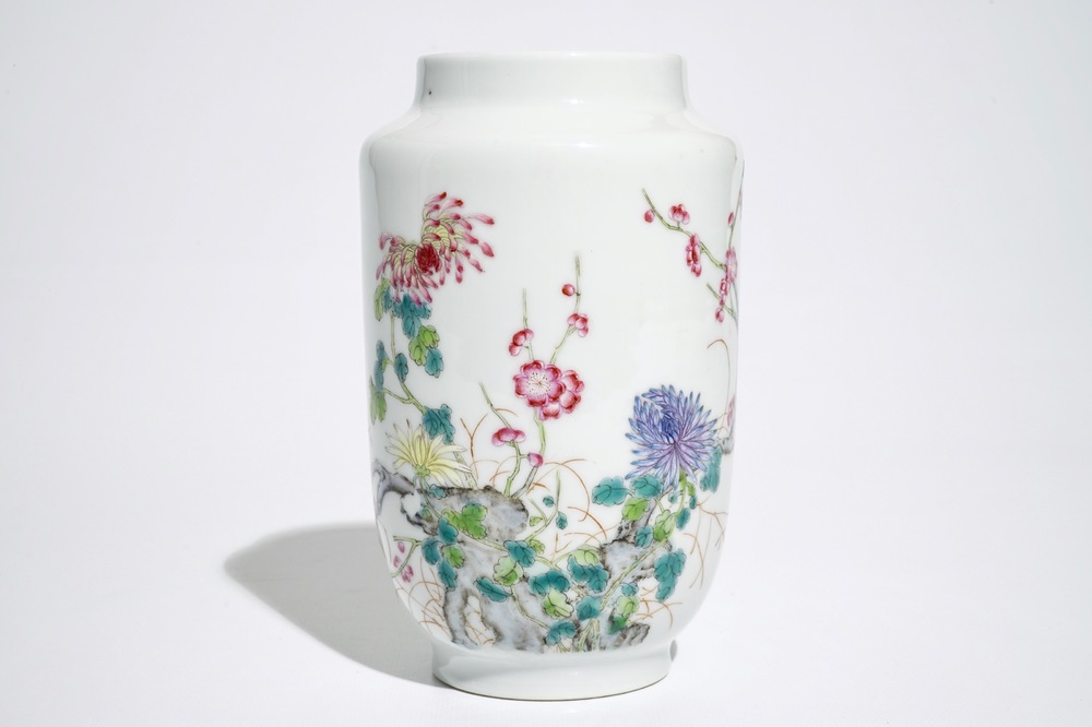 A Chinese famille rose vase with floral design, Qianlong mark, Republic