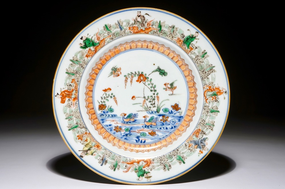 A Chinese famille verte doucai plate with immortals and mandarin ducks, Kangxi/Yongzheng