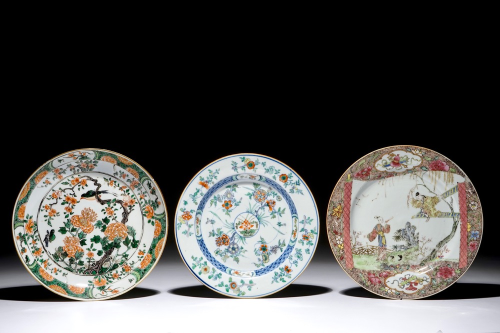 Three Chinese famille rose, verte and doucai plates, Kangxi/Yongzheng
