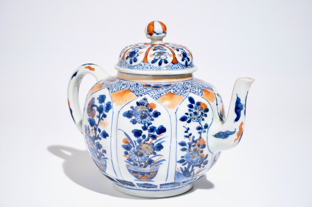 A large Chinese Imari style lotus-shaped teapot and cover, Kangxi