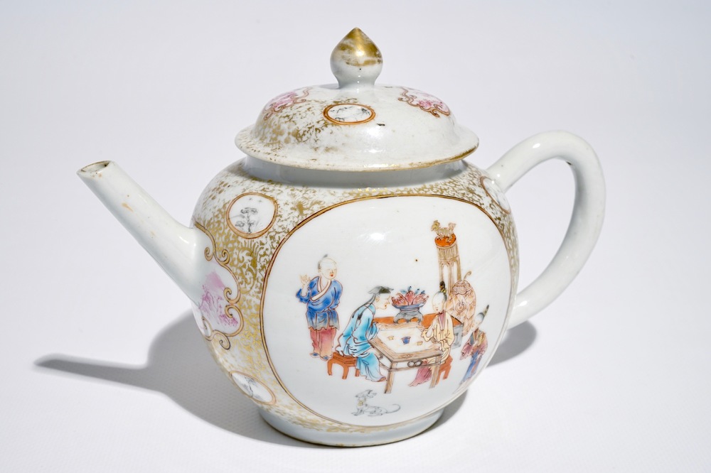 A Chinese famille rose mandarin teapot and cover, Qianlong