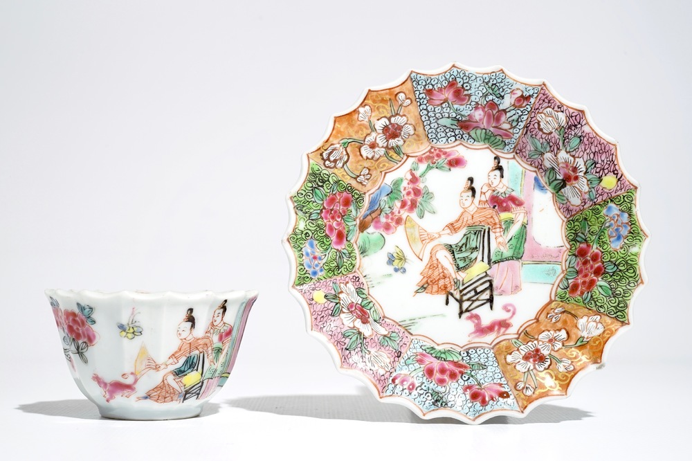 A Chinese lobed famille rose cup and saucer, Yongzheng