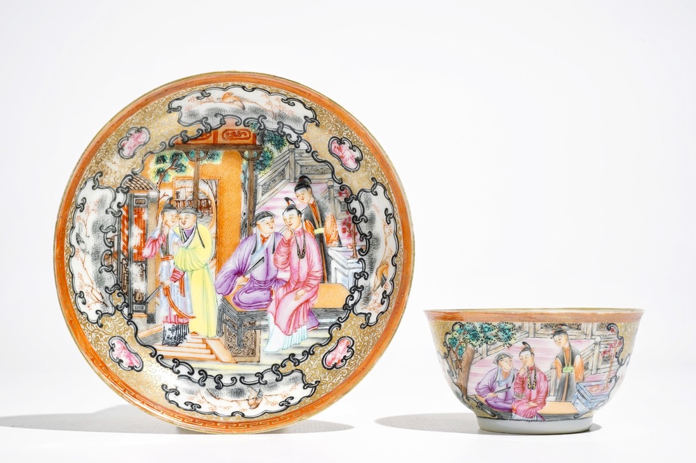 A Chinese famille rose mandarin cup and saucer, Qianlong