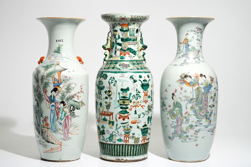 Three tall Chinese famille verte and rose vases, 19/20th C.