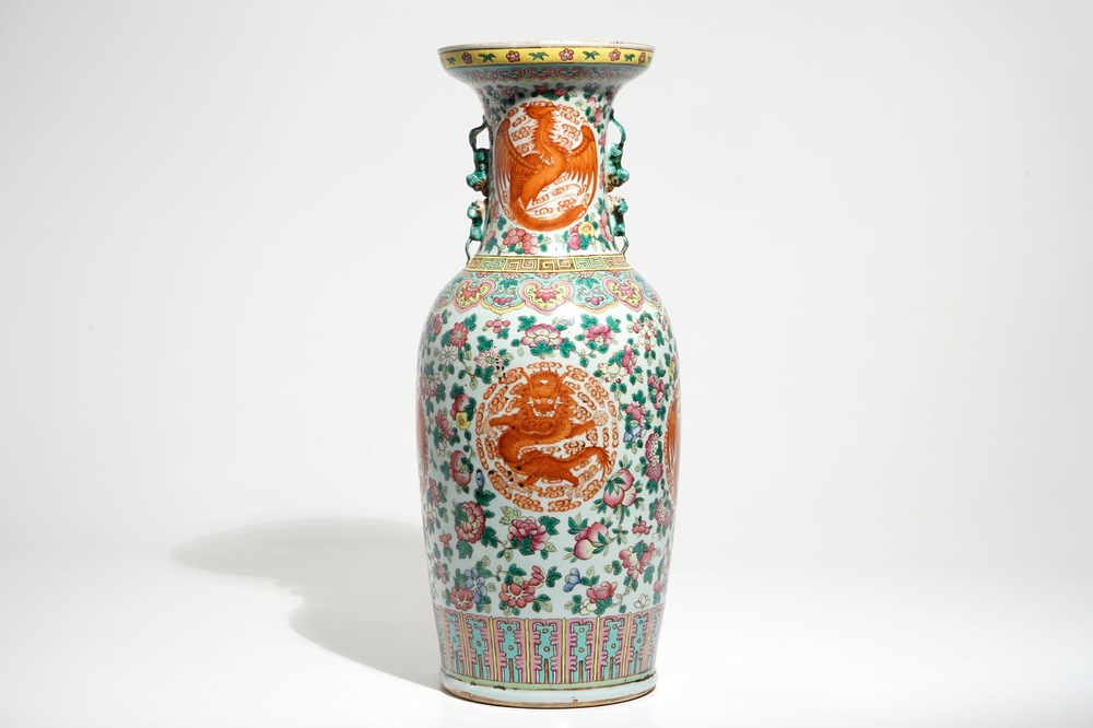 A tall Chinese famille rose vase with dragons and phoenixes, 19th C.