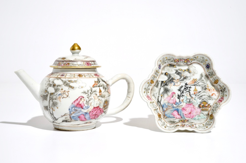 Een zeldzame Chinese famille rose theepot met onderschotel, Qianlong