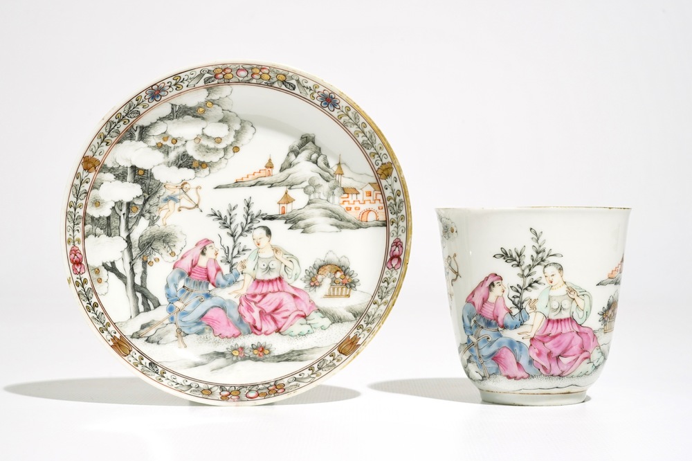 A rare Chinese famille rose cup and saucer, Qianlong