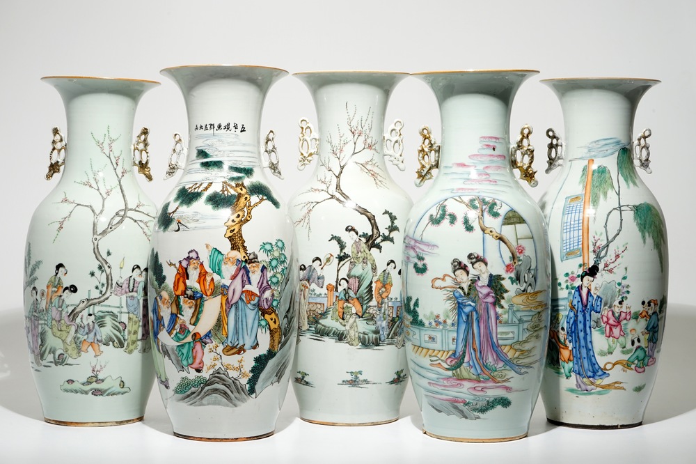 Five Chinese famille rose and qianjiang cai vases, early 20th C.