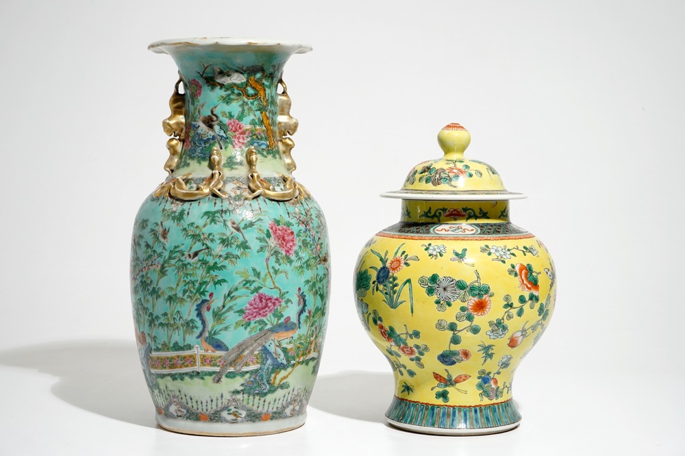 A Chinese famille verte vase and cover and a Canton turquoise-ground vase, 19/20th C.