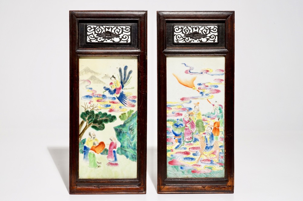 Two framed Chinese famille rose plaques, 19th C.