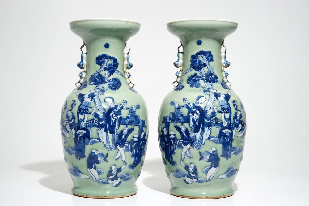 A pair of Chinese celadon-ground vases with blue and white figures, 19th C.