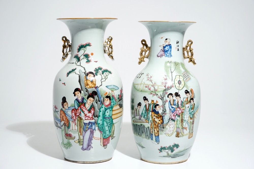Deux vases en porcelaine de Chine famille rose aux sc&egrave;nes de jardin et d&eacute;cors floraux, 19/20&egrave;me