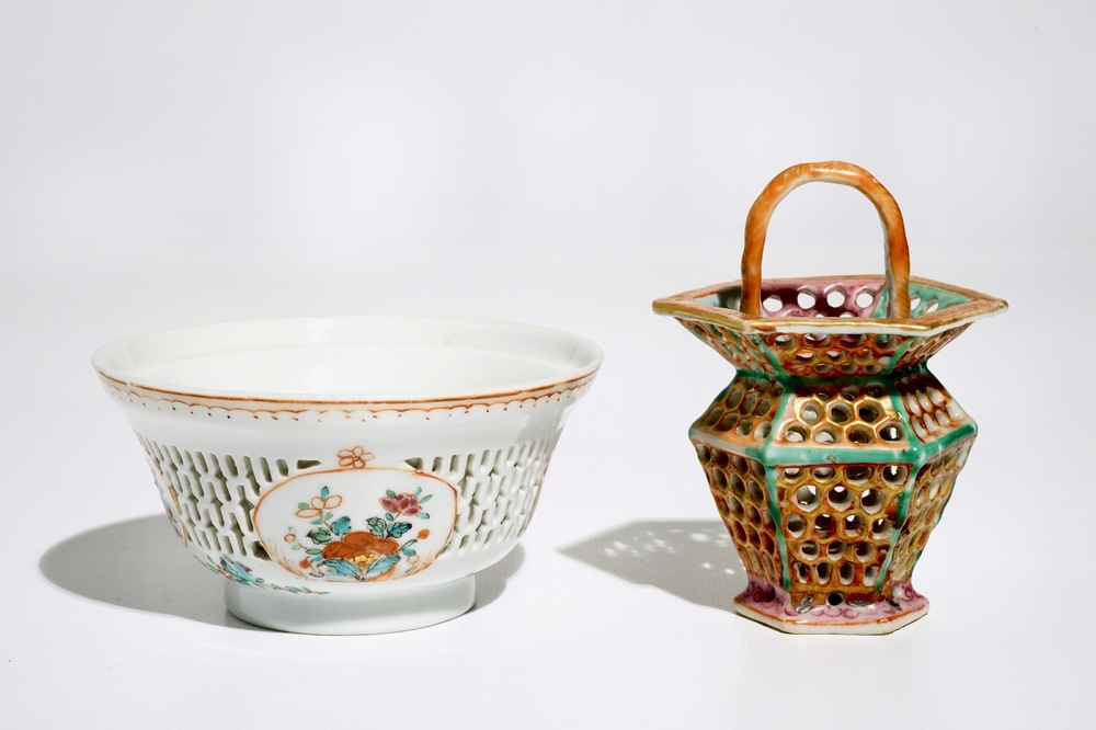 A Chinese reticulated double-walled famille rose tea bowl and a basket, Yongzheng