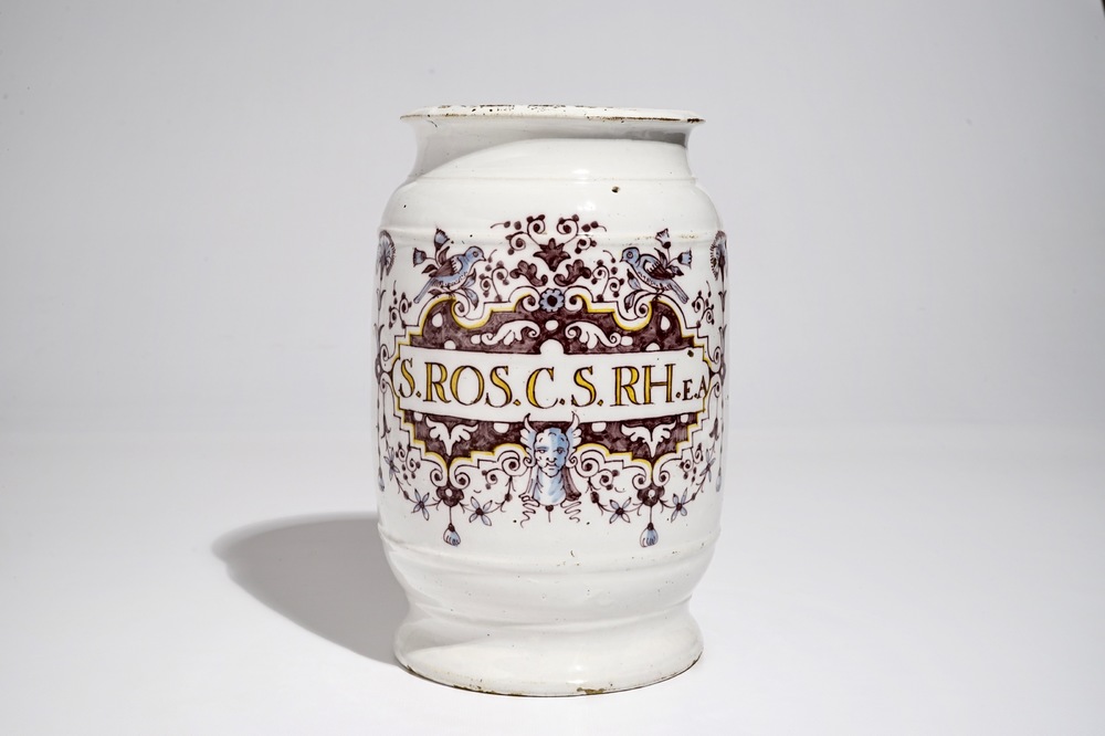 A large polychrome Brussels faience cylindrical albarello, 18th C.