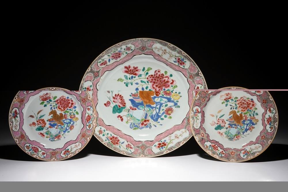 A Chinese famille rose charger and two plates with mandarin ducks, Qianlong