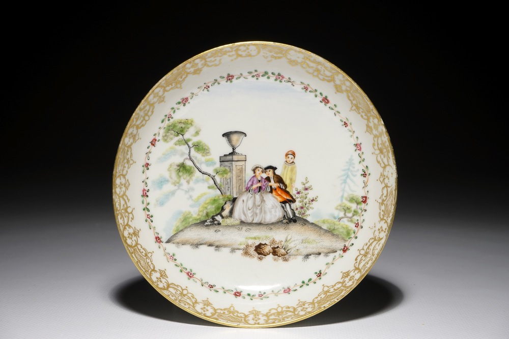 A Chinese export porcelain &quot;Commedia dell'Arte&quot; saucer dish after Watteau, Qianlong