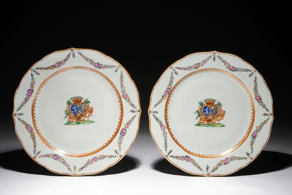 A pair of Chinese famille rose plates with armorial alliance, Qianlong