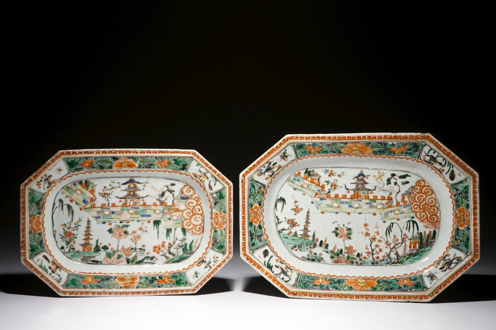 Two octagonal Chinese famille verte &quot;Chinese wall&quot; platters, Kangxi
