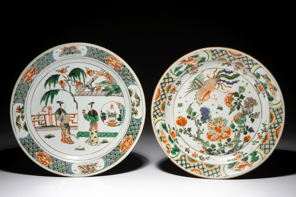 Deux assiettes en porcelaine de Chine famille verte, Kangxi