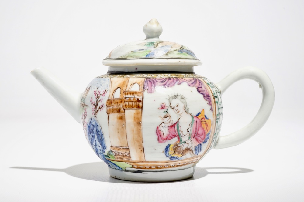 A fine Chinese famille rose teapot and cover with a lady holding a small dog, Yongzheng