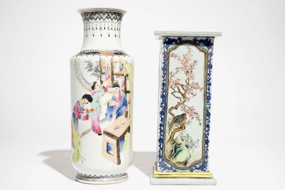 Two Chinese famille rose vases with birds and figures, 20th C.