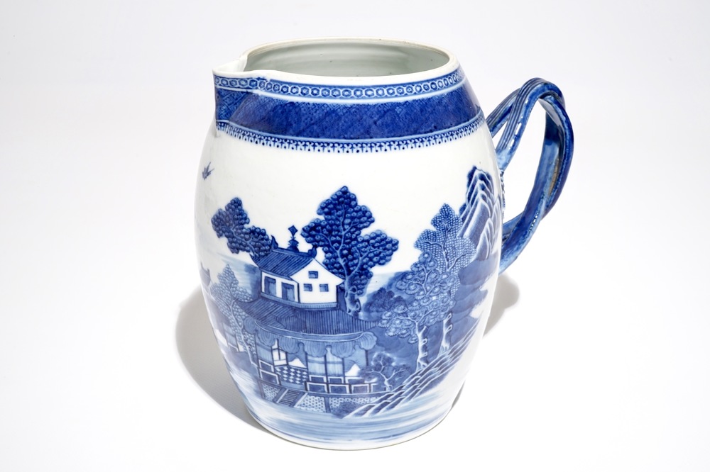 A Chinese blue and white jug with landscape design, Jiaqing