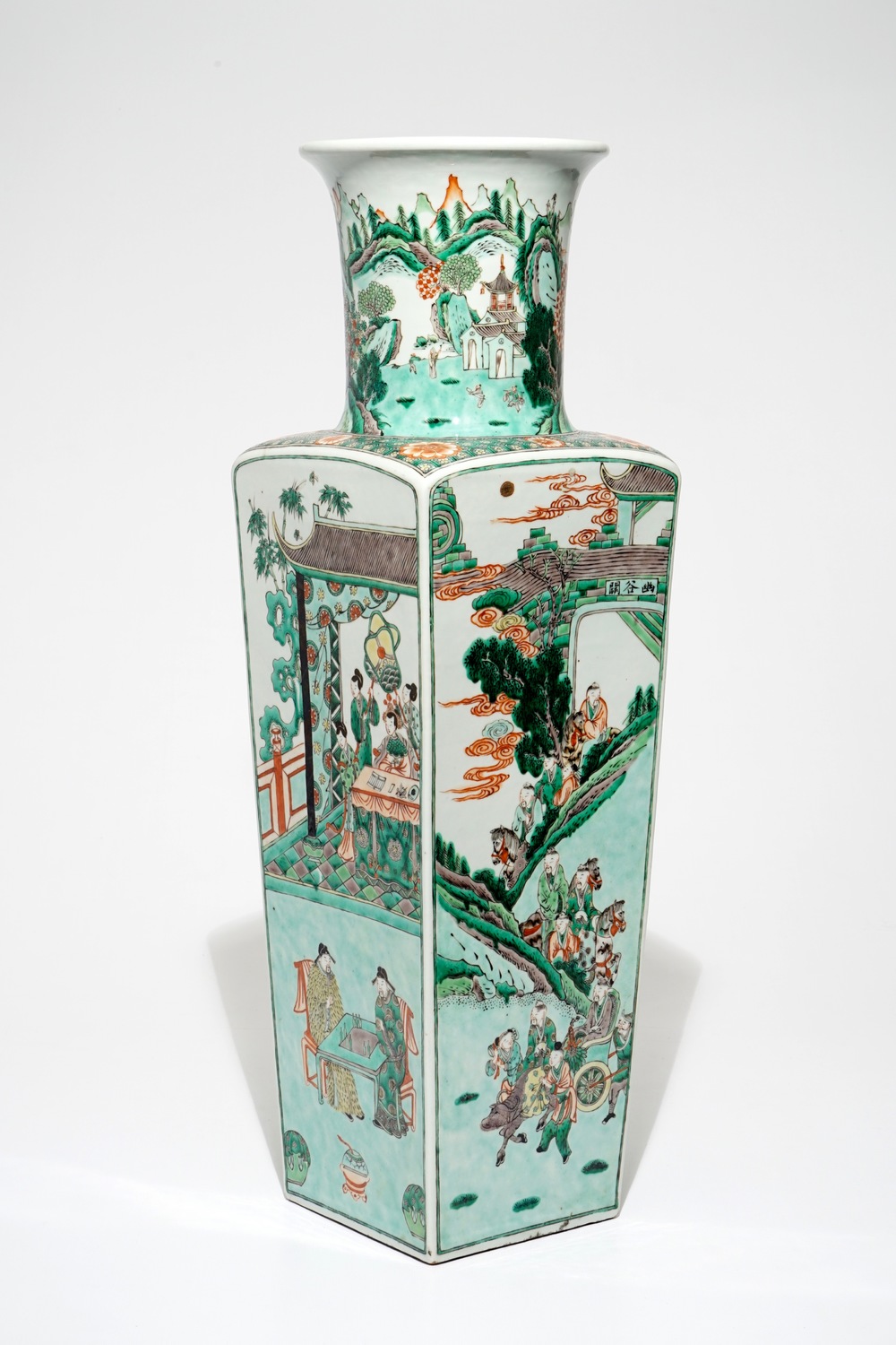 A tall Chinese square famille verte vase, Kangxi mark, 19th C.