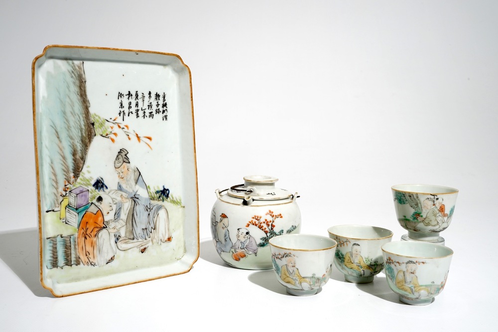 A Chinese qianjiang cai tea set with figural design, 19/20th C.