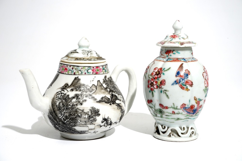 A Chinese grisaille teapot and a famille rose tea caddy, Yongzheng