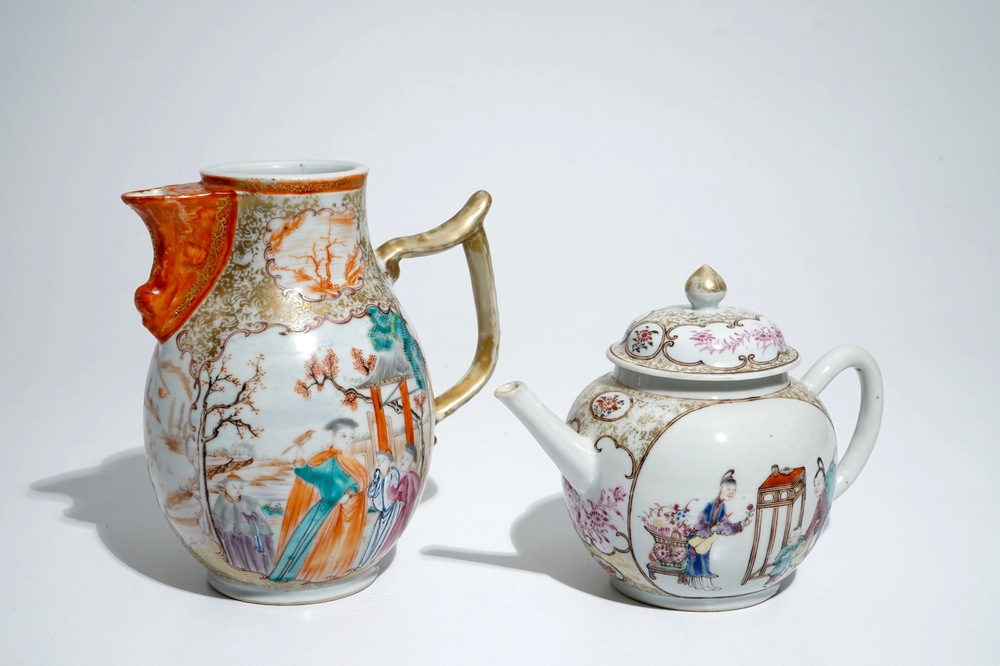 A Chinese famille rose mandarin jug and teapot with cover, Qianlong