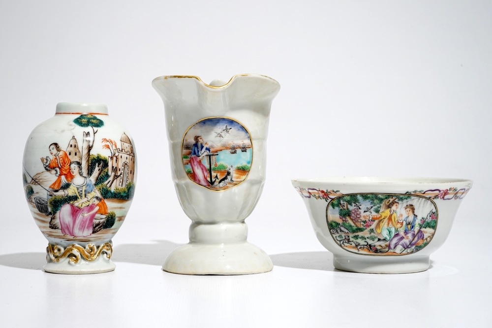 A Chinese famille rose European subject ewer, a bowl and a tea caddy, Qianlong