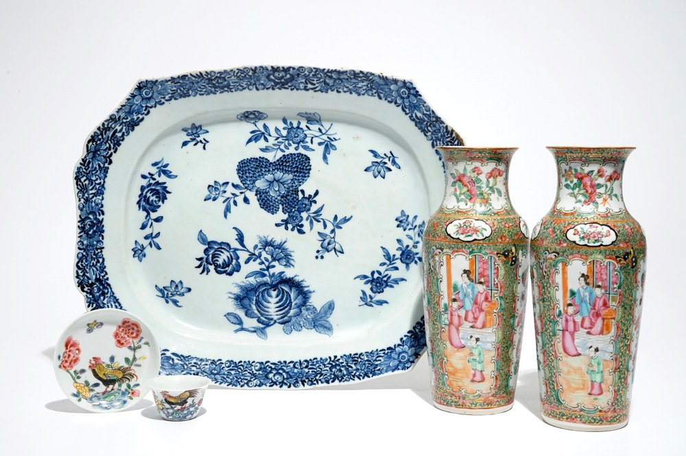 A Chinese blue and white dish, a pair of Canton vases and a cup and saucer with roosters, Qianlong and 19th C.