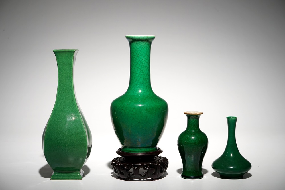 Four various Chinese monochrome green vases, 19/20th C.